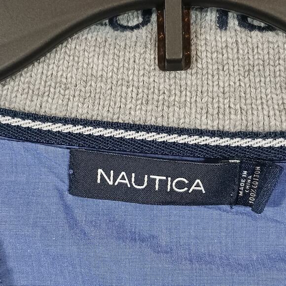 Nautica Mens Sweater XL Blue Wide Gray Stripe 1/4 Zip Long Sleeve Heavy Sweater - Picture 2 of 13